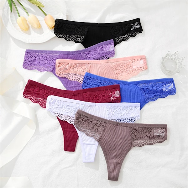 FINETOO 3-pack Dam Trosor i Bomull Spets Tanga Sexiga Enfärgade Låg Midja Bikini Underkläder Damer Andningsbara G-string Underkläder SET 7 XL