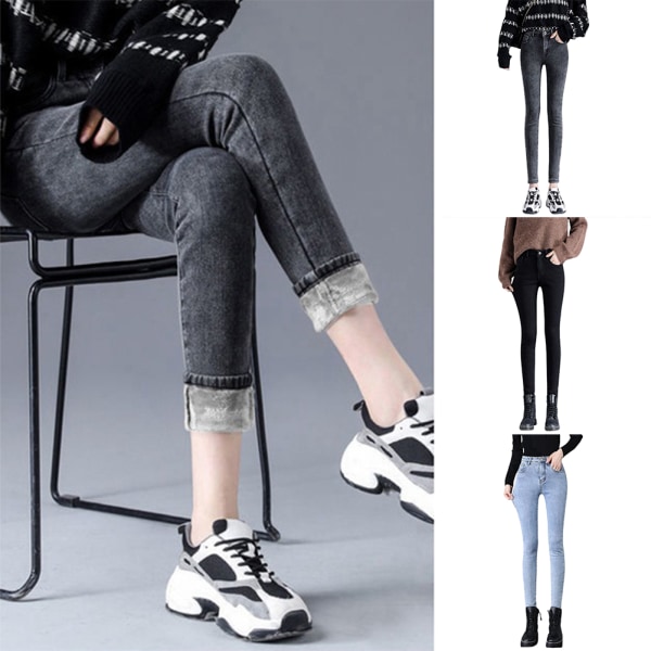 Thermal Fleeces Denim Jeggings Damformning Skinny Stretchy Byxor Snygga varma jeansbyxor black grey 28