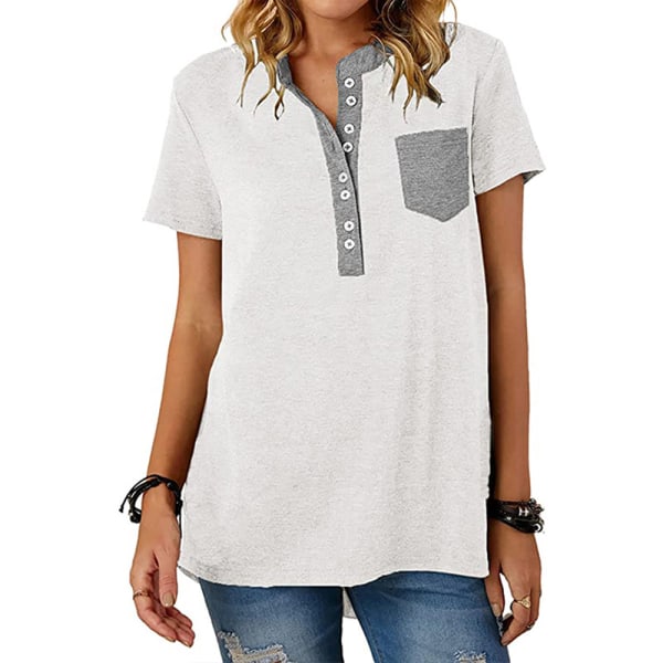 Dam T-shirt V-ringad kortärmad lös enkelknäppt blus för sommaren white 2xl