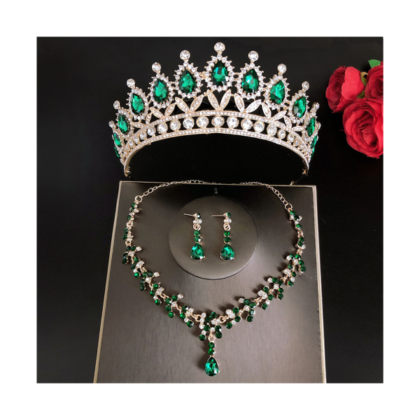 Bröllopsbrud Tiaras Crown Set med örhängen Kit & Necklack Handgjord lyxkristall silver