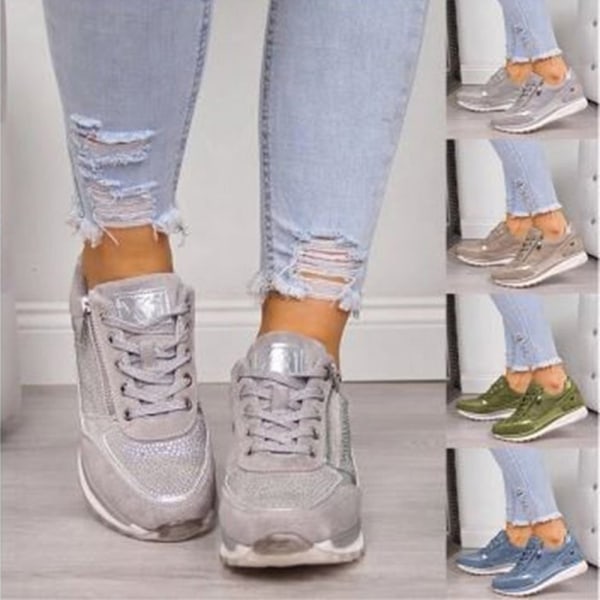 Kvinna Platform Skor Glitter Tie Up PU Sneakers för Daily Office Anti-Slip Sole gray 35