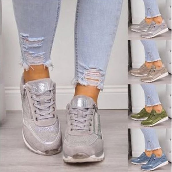 Kvinna Platform Skor Glitter Tie Up PU Sneakers för Daily Office Anti-Slip Sole gray 43