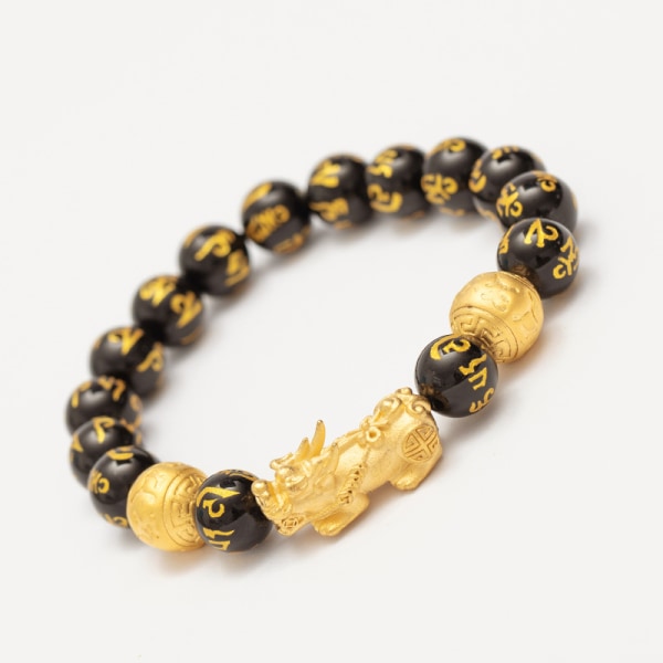 Feng Shui Black Obsidian Wealth Armband snidade stenpärlor med antika odjursdekor 14