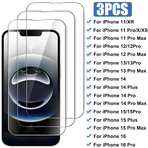 3 st Härdat Glas För iPhone 16E 16 15 14 13 Pro Max Mini 15 Plus Skärmskydd för iPhone 11 12 Pro X Xr Xs Max Glas For iPhone11 Pro Max 3PCS Glass