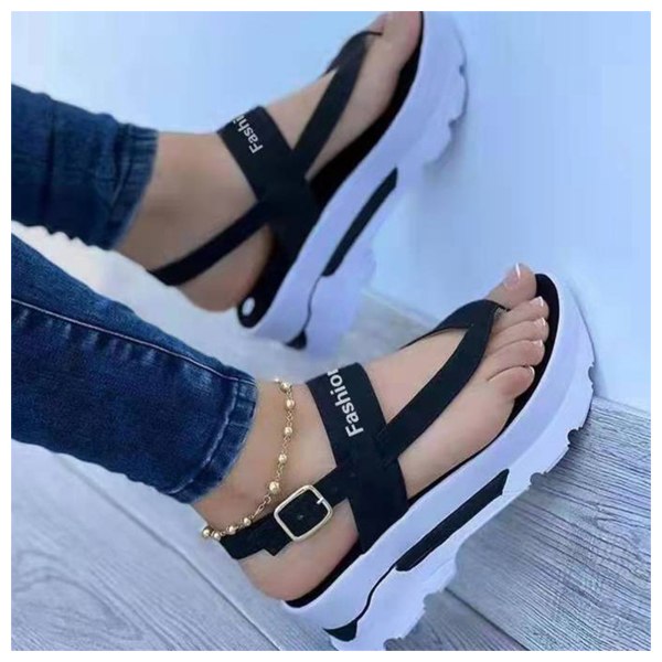 Women's Hollow-Out Flat Wedge Flip Flops Soft and Wide Sandals with Leather Upper for Party Outfit Cloth Matching 42 black