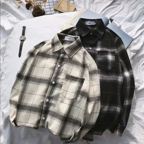 Rutiga skjortor för män Långärmad skjorta med krage Casual Lös rutig jacka black 2xl