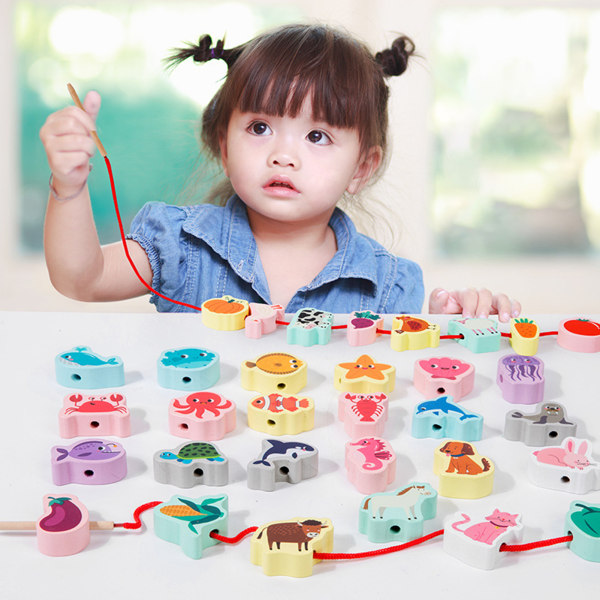 Montessori träsnörningsblock Leksaker Pussel Spel Säkert trämaterial Snörnings- och snörleksak för barn Tidig utbildning b