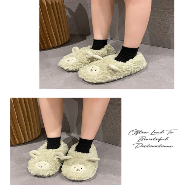 Fuzzy Lamb Slippers Cute Warm Cozy Shoes Animal Shape Slip-on Slippers for Women Girl Winter Supply mustard green 40-41