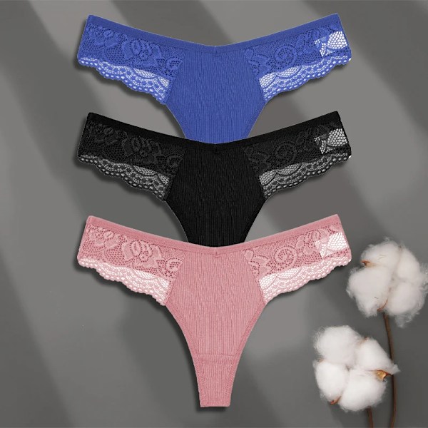 FINETOO 3-pack Dam Trosor i Bomull Spets Tanga Sexiga Enfärgade Låg Midja Bikini Underkläder Damer Andningsbara G-string Underkläder SET 9 M