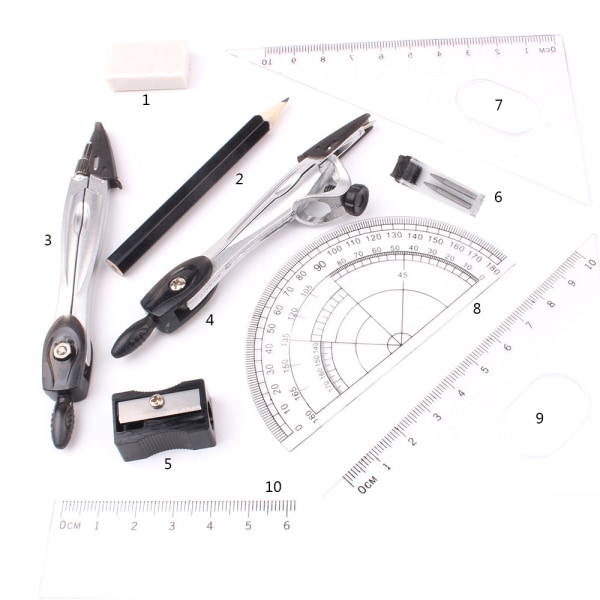 10st Geometry Kit Geometry Gradskiva för att rita Eraser Kompasser Set Math Eraser Linjal för as show