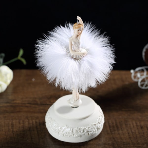 Ballerina Roterande Musikdosa Ornament med Plume Kjol Hållbar Långvarig Finare white