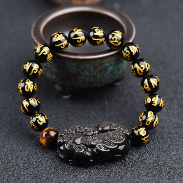 Obsidian Pixiu Wealth Mantra Armband för Kvinnor Män Elastisk Stretch Armband Smycken Present 10mm