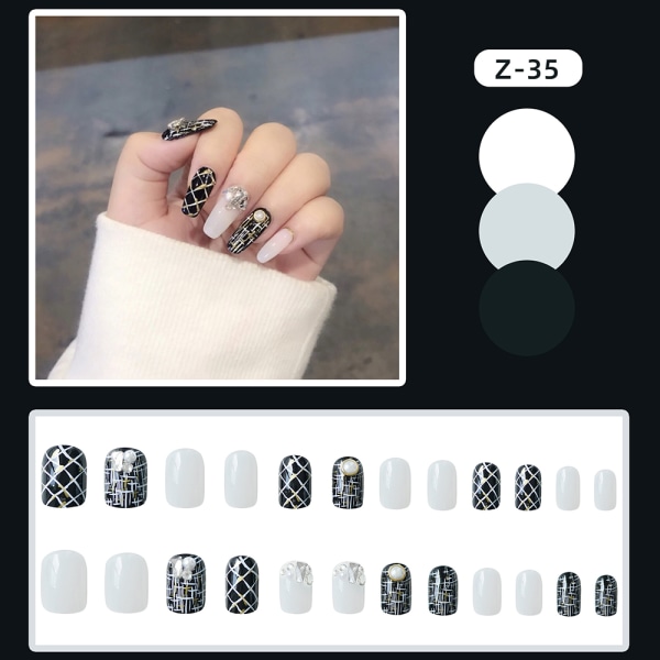 24st blank svart falsk nagel med diamant vit linje falsk nagel för kvinnor tjej jelly glue model