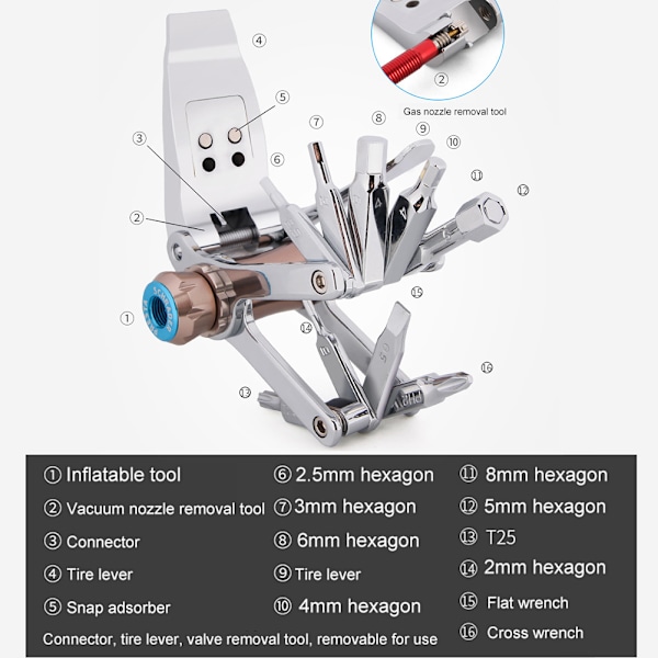 Cykeldäcksinflator för landsvägs- och mountainbikes BikeTool Snabbt och enkelt kompatibelt - 16 in 1