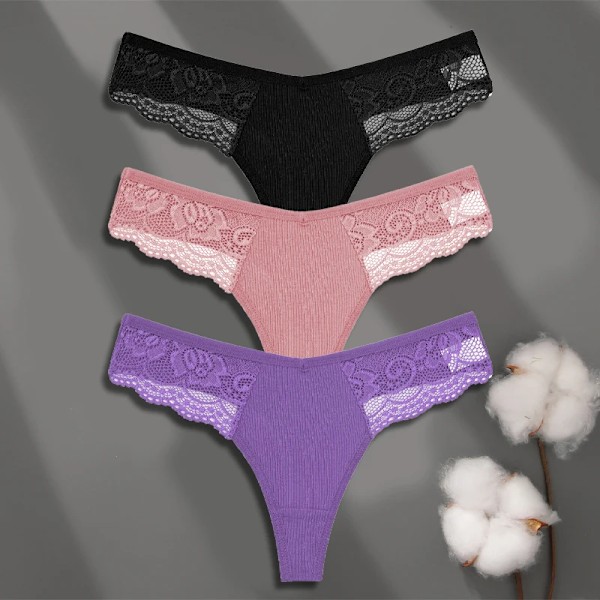 FINETOO 3-pack Dam Trosor i Bomull Spets Tanga Sexiga Enfärgade Låg Midja Bikini Underkläder Damer Andningsbara G-string Underkläder SET 3 XL