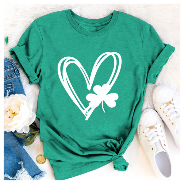 Fashion Heart Clovers Printing Korta ärmar Bekväm ventilerande skjorta Topp för kvinnor Flickor Kvinnliga black l