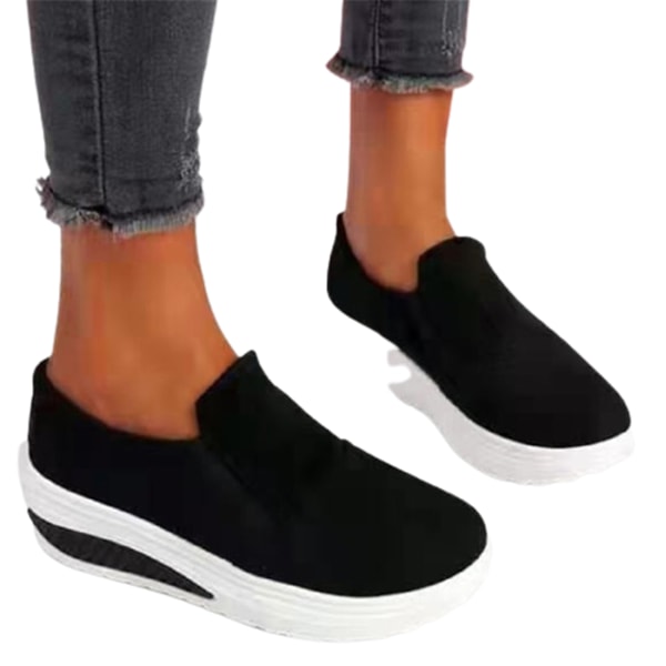 Damskor med tjock plattform med klackar PU Mocka Loafers Casual dämpning Slip-on-skor för Daily Solid black 37