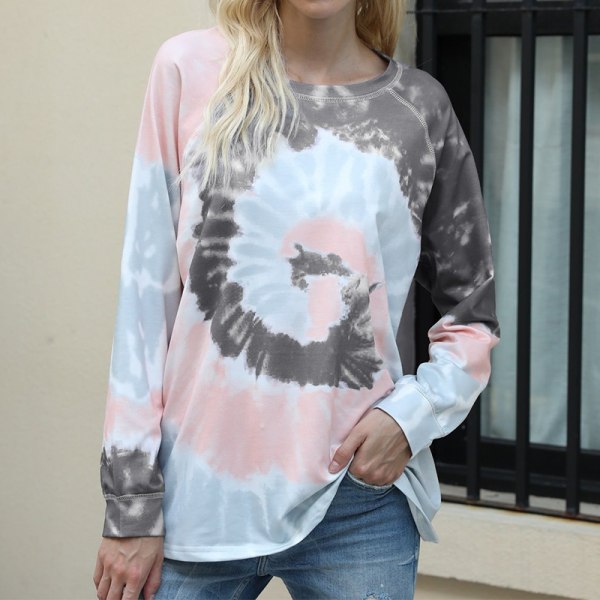 Kvinnor Casual Färgglad Tie-Dye Crewneck Långärmad Lös Pullover Sweatshirt Toppar pink s