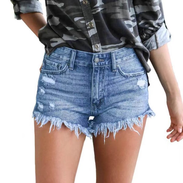 Jeansshorts för kvinnor med mitten av midjan Ripped Raw Hem Jeans Shorts för sommaren light blue xl