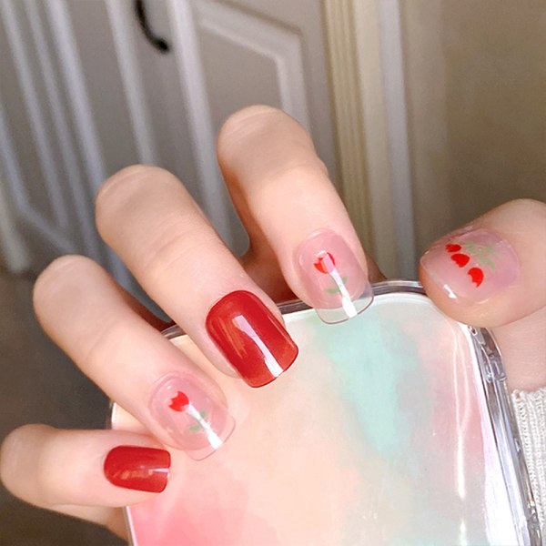 24st glänsande mild röd printed lösnagel Kort söt falsk nagel för kvinnor tjej jelly glue model