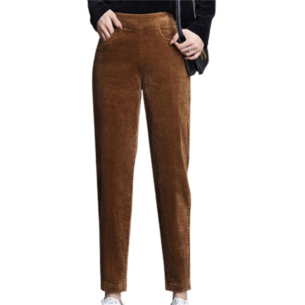 Avsmalnande byxor för kvinnor med elastisk midja manchesterbyxor med ficka coffee thin 2xl