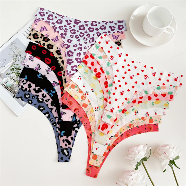 FINETOO 4 st Ultra Mjuka Trosor För Kvinnor Sexiga Grafiska Tryck Sömlösa Stringtrosor Kvinnliga Stretch Leopard G-string Bekväma Underkläder Style 6 M