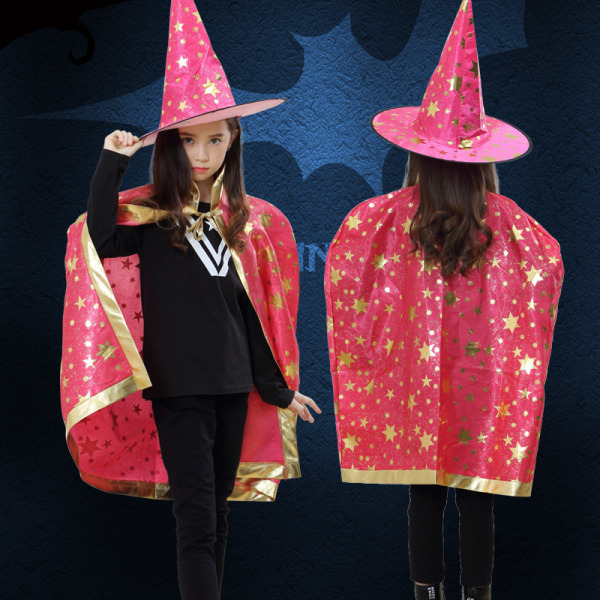 Halloween mantel mantel COSP Barnfest Performance Magician Wizard Hot Gold Fem stjärniga mantel Hat Set pink children''s code