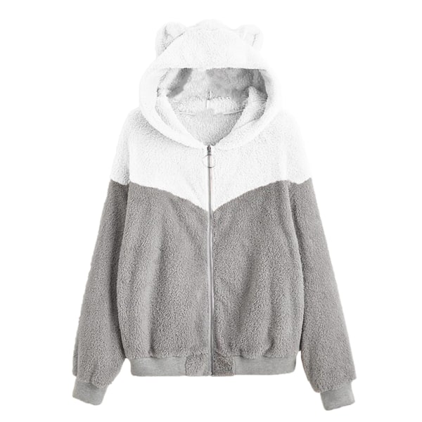 Kvinnor Vinterplysch Sweatshirt Dragkedja Fodrad Hoodie Jacka med Söt Bear Ear Hood solid pink 2xl