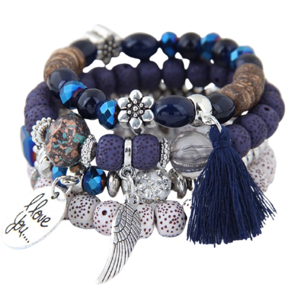 4st Kvinnor Armband Runda Pärlor Stretch Elastiskt Armband Vintage Style Smycken Present för blue