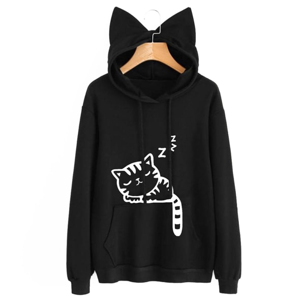 Kvinnor vår höst sweatshirt printed hoodie med dragsko för kattöron black 2xl