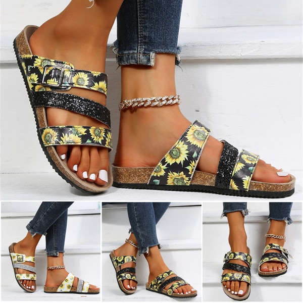 Kvinnors strandtofflor Strappy Flower Printed Summer Open Toe Slide Shoes black 39