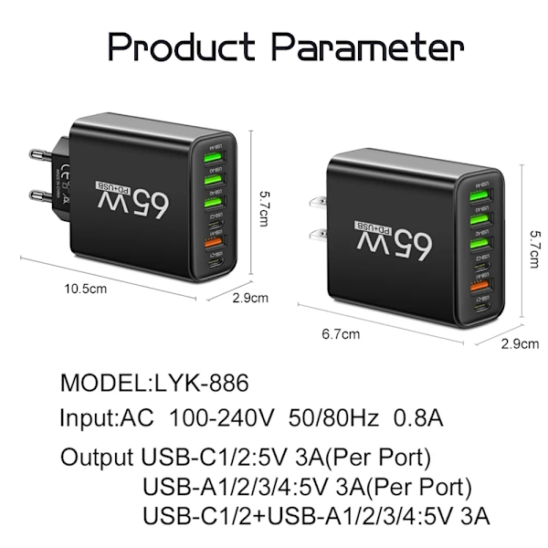 USB C Laddare Totalt 65W Multi 6 Portar Snabbladdning QC3.0 Typ C Mobiltelefon Väggadapter för iPhone 15 Pro Max Xiaomi Samsung White EU