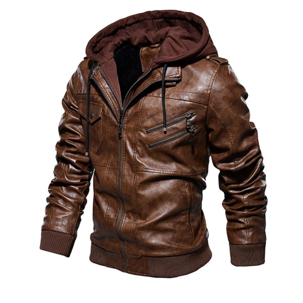 Herr PU Läder Ytterkläder Hoodie Motorcykel Coat Biker Style för höst och vinter varm kappa 2xl d