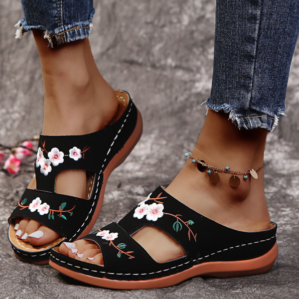 Ortopediska sandaler för kvinnor Broderade blommor Flip Flops Skor Våren bekväma tofflor 41 pink