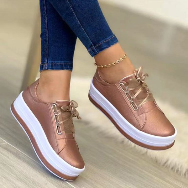 Damskor i PU Snörning Rund tå Plattform Walking Shoes Anti Slip Fashionable rose gold 35