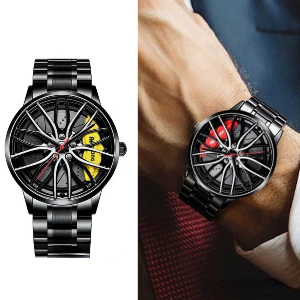 Vuxna rostfria watch runt watch med hjulnavstil för affärsmöte utanför kontoret black yellow