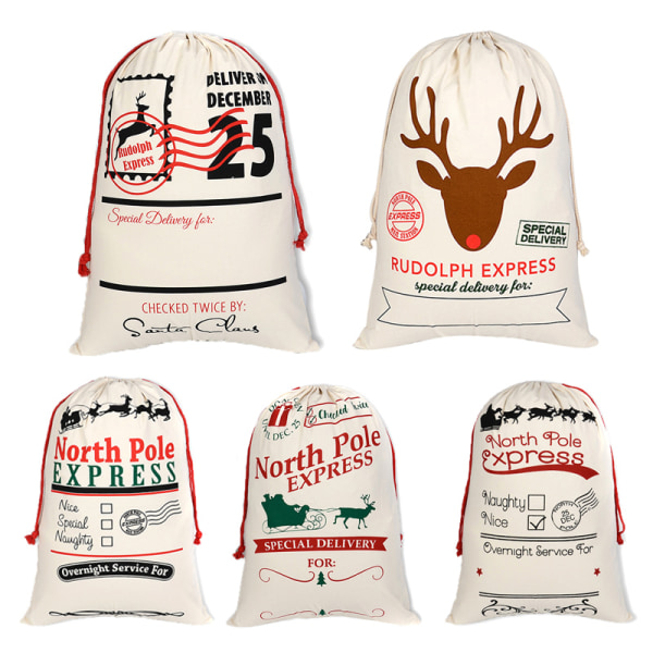 5 st julpåsar printed Xmas Novelty Bag med dragsko säck dekoration r