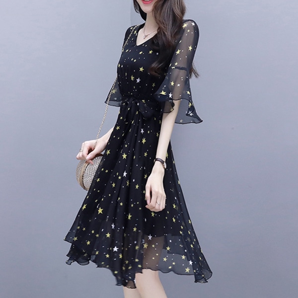 Summer Star Dress Korean Style Rund Neck Black Puff Half Sleeve Plus Size Kjol För blue l