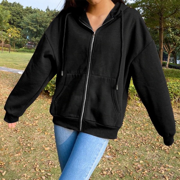 Front Zipper Hoodies Tröja med fickor Enfärgad Fall Casual Lösa ytterkläder creamy-white xl
