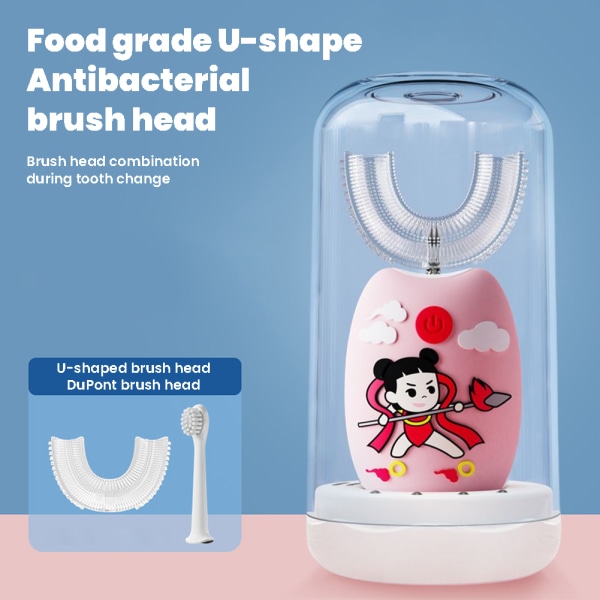 Tecknad barn elektrisk tandborste med munvattenkopp 360° helautomatisk U-formad tandborste blue 2-6 years old