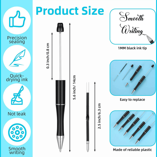 Pärlbar penna | Kulspetspennor passar för de flesta pärlhål | Blandat set innehåller 20 pärlpennor, 40 svarta påfyllningar och 240 black