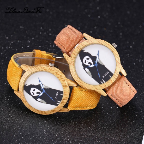 Halloween Watch Witch Blue Needle Wood Grain Dial Denim Strap Watches Casual Watch white