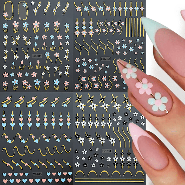 12/6/4 st Marmor 3D Nagelsticker Bronzing Våglinjer Bläck Blomstrande Sliders Blommor Fjäril Självhäftande Dekaler Manikyr Dekoration NLS287-S1(4pcs)