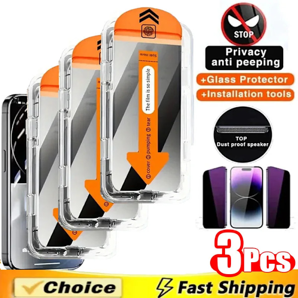 3 st 8K Högkvalitativt Härdat Glas För IPhone 15 14 13 12 11 Pro Max XS MAX 15 16 Skärmskydd Med Monteringsram 3pcs Privacy(DF) iphone15