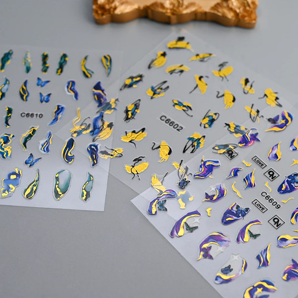 12/6/4 st Marmor 3D Nagelsticker Bronzing Våglinjer Bläck Blomstrande Sliders Blommor Fjäril Självhäftande Dekaler Manikyr Dekoration NLS289-S1-1(6pcs)