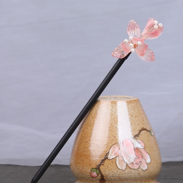 Kvinna hårnål Chignon Pin Ätpinnar Massivt trä Bullehållare med färgglad blomma för Cheongsam Han Kläder Te Wear 4