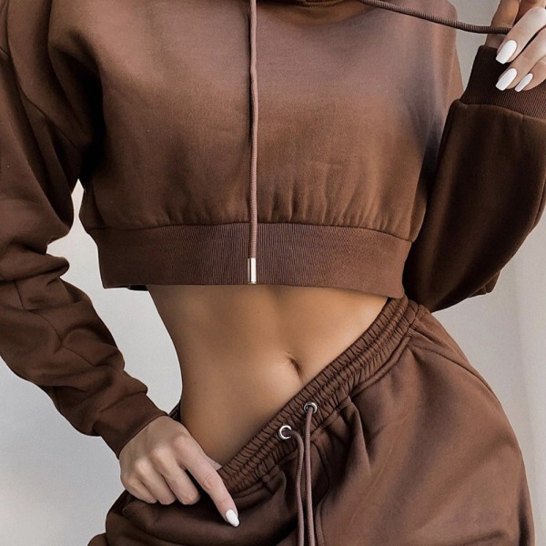 Sportkläder för damer, öppen navel hoodie-toppar & joggingbyxor l coffee