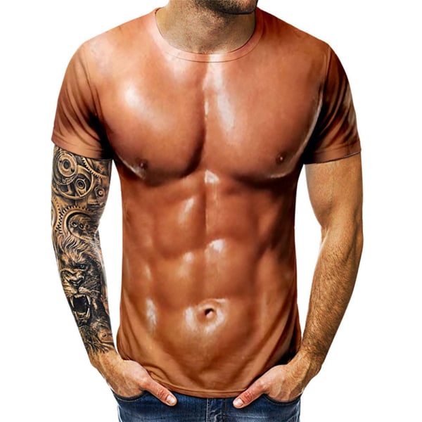 3D T-shirt herr Bodybuilding simulerad muskelskjorta med naken hud bröstmuskler kortärmad 3xl