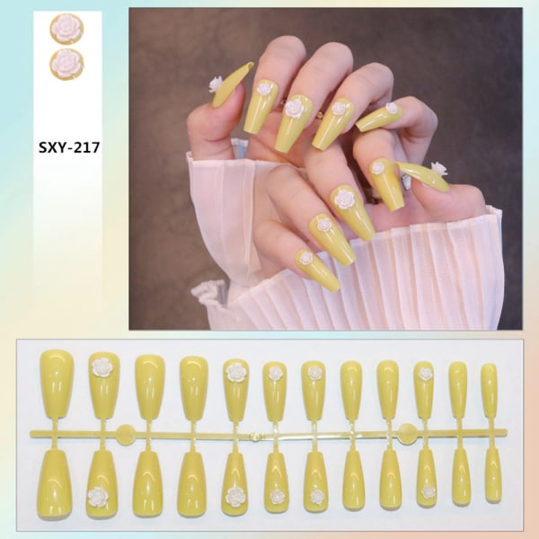24st Blankt mild gul falsk nagel Vit blomma falsk nagel för kvinnor och flickor jelly glue model