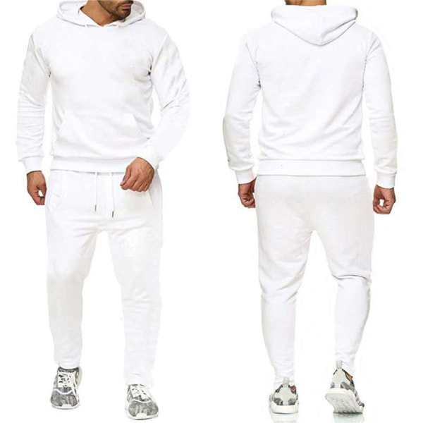 2 delar/ set Fitness träningsoverall för män Casual Sportbyxor Topp Sweatsuit Huvtröja Set white 2xl